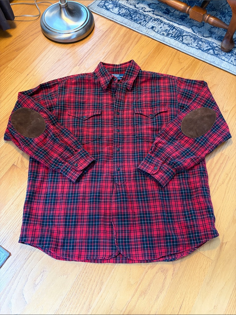 Polo Ralph Lauren vintage woodsman workshirt red plaid suede elbow patch size L